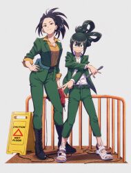 Rule 34 | 2girls, akiyama (noconoco), asui tsuyu, belt, belt buckle, belt pouch, black footwear, black hair, blue belt, boku no hero academia, boots, breasts, buckle, cable, closed mouth, collarbone, collared shirt, commentary request, contrapposto, cross-laced footwear, dress shirt, green belt, green eyes, green hair, green jacket, green pants, grey eyes, hair between eyes, hair bun, hair rings, hand on own hip, high heel boots, high heels, holding, holding wrench, jacket, lace-up boots, lapels, long sleeves, looking at viewer, medium breasts, multiple girls, open clothes, open jacket, orange shirt, pants, ponytail, pouch, railing, sandals, shirt, shirt tucked in, sidelocks, simple background, single hair bun, sleeves rolled up, smile, standing, wet floor sign, white background, white footwear, white shirt, wrench, yaoyorozu momo