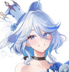 Rule 34 | 1girl, absurdres, ahoge, bare shoulders, black choker, blue flower, blue hair, blue rose, choker, commentary request, flower, furina (genshin impact), genshin impact, grin, hat, highres, looking at viewer, multicolored hair, portrait, rose, smile, solo, streaked hair, top hat, white background, white hair, white hat, yuna (deadawon)