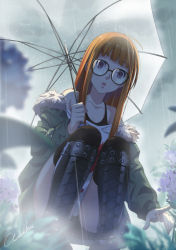 Rule 34 | 1girl, ahoge, artist name, black-framed eyewear, black camisole, black shorts, black thighhighs, blunt bangs, boots, camisole, cloud, cloudy sky, collarbone, commentary request, cross-laced footwear, flower, full body, fur-trimmed jacket, fur trim, glasses, green jacket, grey sky, holding, holding umbrella, jacket, knee boots, lace-up boots, long hair, looking at viewer, off-shoulder shirt, off shoulder, open mouth, orange hair, outdoors, persona, persona 5, purple eyes, rain, sakura futaba, shirt, short shorts, shorts, signature, sky, solo, squatting, straight hair, thighhighs, thighs, transparent, transparent umbrella, umbrella, werkbau, white shirt