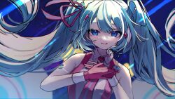 Rule 34 | 1girl, :d, absurdres, blue eyes, blue hair, floating hair, gloves, hair ribbon, hatsune miku, highres, katorea, long hair, looking at viewer, necktie, open mouth, pink gloves, pink necktie, pink ribbon, ribbon, smile, solo, twintails, upper body, very long hair, vocaloid, wing collar