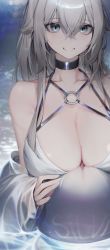 Rule 34 | 1girl, absurdres, bare shoulders, bikini, blue eyes, blurry, blurry background, breast rest, breasts, character name, choker, chyan, cleavage, close-up, commentary, crossed bangs, grey hair, grin, hair between eyes, halterneck, highres, large breasts, long hair, looking at viewer, o-ring, o-ring bikini, off shoulder, original, silvi (chyan), smile, solo, strap gap, swimsuit, symbol-only commentary, teeth, water, wet, wet hair, white bikini