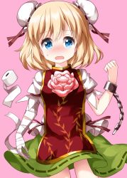 Rule 34 | alice margatroid, bandaged arm, bandages, blonde hair, blue eyes, blush, bun cover, chain, cosplay, cowboy shot, cuffs, double bun, flower, green skirt, highres, ibaraki kasen, ibaraki kasen (cosplay), looking at viewer, nose blush, open mouth, pink background, pink flower, pink rose, ribbon, rose, ruu (tksymkw), shackles, shirt, short sleeves, simple background, skirt, sweatdrop, tabard, toilet paper, touhou, white shirt