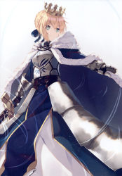 Rule 34 | 1girl, absurdres, ahoge, armor, armored dress, artoria pendragon (all), artoria pendragon (fate), blonde hair, blue bow, blue cloak, blue dress, bow, braid, breastplate, cloak, crossed arms, dress, excalibur (fate/stay night), fate/stay night, fate (series), fur-trimmed cloak, fur trim, gauntlets, gradient background, green eyes, grey background, hair between eyes, hair bow, highres, holding, holding sword, holding weapon, looking away, looking to the side, nagishiro mito, saber (fate), scan, sidelocks, solo, sword, weapon, white background