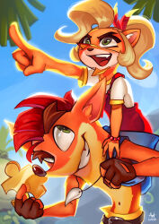 Rule 34 | absurdres, alternate costume, artist name, blonde hair, blue sky, brother and sister, coco bandicoot, crash bandicoot, crash bandicoot (series), furry, furry female, furry male, green eyes, highres, initial, jewelry, long hair, lushiesart, necklace, open mouth, outdoors, overalls, pointing, ponytail, red hair, red overalls, shirt, short hair, shorts, siblings, sky, teeth, tooth necklace, upper teeth only, watermark, white shirt