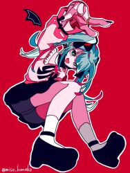 Rule 34 | 1girl, artist request, bat wings, hatsune miku, highres, mask pull, pointing, pointing at viewer, red background, vampire (vocaloid), vocaloid, wings