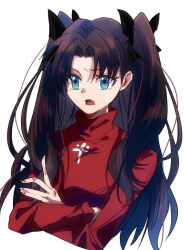 Rule 34 | 1girl, aqua eyes, black bow, black hair, bow, cropped torso, crossed arms, fate/stay night, fate (series), hair bow, long hair, long sleeves, looking at viewer, open mouth, parted bangs, red sweater, ruko072, simple background, solo, sweater, tohsaka rin, turtleneck, turtleneck sweater, two side up, upper body, white background