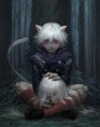 Rule 34 | 1boy, 1other, animal ears, black footwear, blood, blood on face, blood on hands, claws, closed mouth, death, decapitation, diaodiao, closed eyes, forest, hair between eyes, holding head, hunter x hunter, kite (hunter x hunter), long hair, looking at viewer, nature, neferpitou, outdoors, plant, red eyes, red legwear, severed head, sitting, smile, spoilers, tail, torn, torn clothes, tree, white hair