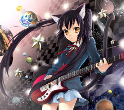 Rule 34 | 00s, 1girl, animal ears, bad id, bad pixiv id, black hair, cat ears, cat girl, cat tail, cocoon (loveririn), female focus, guitar, instrument, k-on!, long hair, mustang (guitar), nakano azusa, school uniform, skirt, solo, tail, twintails, very long hair, yellow eyes