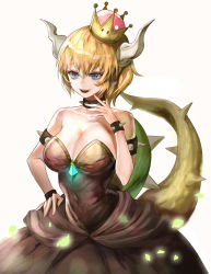 Rule 34 | 1girl, absurdres, bad id, bad pixiv id, bare shoulders, black dress, blonde hair, blue eyes, bowsette, bracelet, breasts, cleavage, collar, cowboy shot, dress, fangs, finger to mouth, fingernails, glowing, glowing jewelry, glowing petals, hair between eyes, hand on own hip, hand up, haribo kanten, highres, horns, jewelry, large breasts, mario (series), new super mario bros. u deluxe, nintendo, open mouth, petals, ponytail, short hair, sidelocks, simple background, smile, solo, spiked bracelet, spiked collar, spiked shell, spiked tail, spikes, strapless, strapless dress, super crown, tail, waist cape, white background