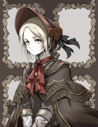 Rule 34 | 1girl, absurdres, ascot, blonde hair, bloodborne, bonnet, brown eyes, capelet, cloak, closed mouth, commentary request, dress, flower, frown, hat, highres, long sleeves, looking at viewer, parted bangs, plain doll, red flower, ribbon, rose, shimoda masaya, short hair, solo, upper body, v arms