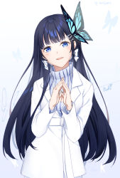 Rule 34 | 1girl, aoi nabi, bio (biotifulart), black hair, blue eyes, bow, bow earrings, bug, butterfly, butterfly hair ornament, cleavage cutout, clothing cutout, dress, earrings, grey sweater, hair ornament, hairclip, indie virtual youtuber, insect, jacket, jewelry, long hair, long sleeves, looking at viewer, meme attire, open-chest sweater, open mouth, own hands together, signature, simple background, smile, solo, sweater, upper body, virtual youtuber, white background