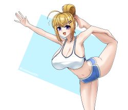 Rule 34 | 1girl, absurdres, ahoge, ass, balancing, blonde hair, blue shorts, breasts, cleavage, commission, dolphin shorts, flexible, flying sweatdrops, gym shorts, habetrot (last origin), hair bun, hair ornament, hairclip, highres, huge breasts, last origin, looking at viewer, noonnoon531, open mouth, pixiv commission, purple eyes, short shorts, shorts, single hair bun, smile, solo, split, sports bra, stretching, sweat, yoga