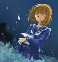 Rule 34 | blue eyes, lowres, orange hair, petals, school uniform, skirt, umineko no naku koro ni, ushiromiya eva, wind