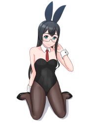 Rule 34 | 1girl, alternate costume, animal ears, bare shoulders, black footwear, black hair, black leotard, black pantyhose, blue eyes, bow, bowtie, breasts, detached collar, full body, geometrie, high heels, highres, kantai collection, leotard, long hair, necktie, ooyodo (kancolle), pantyhose, playboy bunny, rabbit ears, red necktie, simple background, sitting, small breasts, solo, strapless, strapless leotard, wariza, white background, wrist cuffs