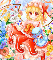 Rule 34 | 1girl, artist name, ascot, bat wings, blonde hair, blue flower, blue hair, blue rose, blue shirt, blue skirt, blush, character doll, colored eyelashes, flandre scarlet, flower, flower request, frilled shirt collar, frilled skirt, frills, full body, hair between eyes, hat, hat ribbon, lakestep55, legs up, light particles, lily (flower), mob cap, pink shirt, red eyes, red footwear, red skirt, red vest, remilia scarlet, ribbon, rose, shirt, shoes, short hair, side ponytail, skirt, skirt set, smile, solo, touhou, vest, wings, wrist cuffs