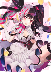 Rule 34 | 1girl, :p, absurdres, bird, black hair, black ribbon, blush, bow, breasts, bridal garter, cleavage, cleavage cutout, clothing cutout, commentary request, dress, frilled dress, frills, gloves, grey hair, hair bobbles, hair bow, hair ornament, hair ribbon, highres, hitsuji hiko (mareep15), long hair, looking at viewer, medium breasts, multicolored hair, nijisanji, puffy short sleeves, puffy sleeves, red eyes, red hair, ribbon, short sleeves, solo, split-color hair, streaked hair, striped clothes, striped dress, tongue, tongue out, twintails, two-tone hair, upper body, vertical-striped clothes, vertical-striped dress, virtual youtuber, white dress, white gloves, yorumi rena, yorumi rena (1st costume)