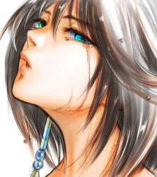 Rule 34 | 1girl, abiko yuuji, bad id, bad pixiv id, blue eyes, brown hair, final fantasy, final fantasy x, green eyes, heterochromia, lips, looking at viewer, open mouth, portrait, short hair, simple background, solo, white background, yuna