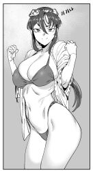 Rule 34 | 1girl, bikini, breasts, bursting breasts, cleavage, curvy, goggles, goggles on head, hair ribbon, half-closed eyes, highres, japanese clothes, large breasts, long hair, looking at viewer, low ponytail, mask, miko, monochrome, navel, open clothes, ribbon, seductive gaze, seductive smile, sengoku ace, sengoku blade, smile, smug, solo, swimsuit, thick thighs, thighs, thong bikini, togashi koyori, toned, wide hips