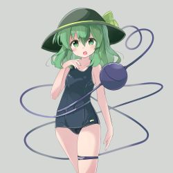 Rule 34 | 1girl, bare arms, bare shoulders, black hat, black one-piece swimsuit, blush, bow, breasts, commentary request, green bow, green eyes, green hair, grey background, hair between eyes, hand up, hat, hat bow, highres, komeiji koishi, long hair, looking at viewer, old school swimsuit, one-piece swimsuit, ryogo, school swimsuit, simple background, small breasts, solo, swimsuit, third eye, touhou