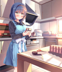 Rule 34 | 1girl, apron, black hairband, black shirt, blue apron, blue hair, braid, breasts, brown eyes, closed mouth, commentary request, furutani himawari, gift, hairband, highres, holding, holding gift, indoors, kitchen, large breasts, long sleeves, shirt, short hair, smile, solo, standing, table, takahero, twin braids, valentine, yuru yuri
