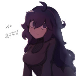 Rule 34 | 1girl, @ @, ahoge, alternate breast size, bags under eyes, breasts, commentary request, creatures (company), ememo, frown, game freak, hair between eyes, hairband, hex maniac (pokemon), highres, long hair, medium breasts, messy hair, nintendo, pokemon, pokemon xy, purple eyes, purple hair, purple hairband, simple background, solo, white background