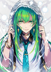 Rule 34 | 1other, androgynous, black choker, blue necktie, bracelet, choker, collared shirt, commentary, earrings, enkidu (fate), fate/grand order, fate (series), green eyes, green hair, hands up, highres, hood, hood up, jewelry, long hair, looking at viewer, necktie, parted lips, pokimari, shirt, smile, upper body, white shirt