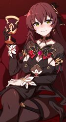 Rule 34 | 1girl, black dress, black gloves, blush, breasts, brown hair, brown pantyhose, chalice, cleavage, closed mouth, commentary request, cup, dress, earrings, ecliygame, eden (honkai impact), glint, gloves, hair between eyes, hand up, highres, holding, honkai (series), honkai impact 3rd, jewelry, large breasts, long hair, long sleeves, looking at viewer, pantyhose, single glove, sitting, smile, solo, very long hair, yellow eyes