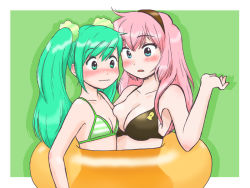Rule 34 | 2girls, :o, asymmetrical docking, bare shoulders, blue eyes, blush, breast press, breasts, cleavage, closed mouth, d:, frown, green eyes, green hair, hair ornament, hairband, hatsune miku, innertube, long hair, medium breasts, megurine luka, multiple girls, nose blush, octopus, oonigiri, open mouth, parted lips, pink hair, simple background, small breasts, swim ring, swimsuit, twintails, upper body, vocaloid, yuri