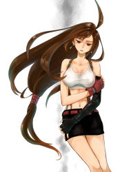 Rule 34 | 1girl, absurdres, asymmetrical bangs, bare legs, bare shoulders, belt, black gloves, black skirt, breasts, brown hair, cleavage, collarbone, crop top, earrings, elbow gloves, final fantasy, final fantasy vii, gloves, hand on own hip, hand on own arm, highres, jewelry, large breasts, long hair, looking down, low-tied long hair, mare (pixiv), midriff, miniskirt, navel, parted lips, red eyes, red gloves, shirt, skirt, sleeveless, sleeveless shirt, solo, suspenders, tifa lockhart, upper body, white background, white shirt