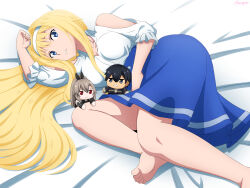 Rule 34 | 1girl, absurdres, alice zuberg, barefoot, bed sheet, blonde hair, blue eyes, blue skirt, breasts, cleavage, clothing cutout, collarbone, eydis (sao), hair between eyes, hairband, highres, kirito, long hair, looking at viewer, lying, medium breasts, medium skirt, mysteryctu, on side, parted lips, shirt, shoulder cutout, signature, skirt, soles, solo, sword art online, sword art online: alicization, sword art online: unleashed blading, very long hair, white hairband, white shirt