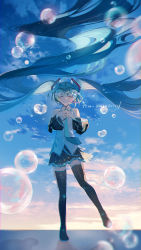 Rule 34 | 1girl, absurdly long hair, absurdres, armpit crease, backlighting, bare shoulders, belt, black footwear, black skirt, blue belt, blue hair, blue nails, blue necktie, blue sky, blue theme, blurry, boots, bubble, blowing bubbles, bubble wand, chromatic aberration, closed eyes, cloud, cloudy sky, collared shirt, depth of field, detached sleeves, dot nose, eyelashes, facing viewer, fingernails, flat chest, floating hair, floor, full body, glint, gradient sky, hands up, happy, hatsune miku, heart bubble wand, heart bubbles, highres, holding, holding wand, horizon, huge filesize, light particles, long hair, loose belt, motion blur, nail polish, necktie, omutatsu, outdoors, own hands together, pleated skirt, shadow, shirt, skirt, sky, sleeveless, sleeveless shirt, smile, solo, standing, standing on one leg, sunlight, sunset, thigh boots, thighhighs, translated, twintails, very long hair, vocaloid, wand, white shirt, zettai ryouiki