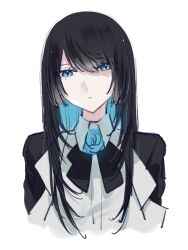 Rule 34 | 1girl, ado (utaite), black bow, black bowtie, black hair, black jacket, blue eyes, blue flower, blue hair, blue rose, bow, bowtie, chando (ado), closed mouth, cloud nine inc, collared shirt, colored inner hair, commentary, cropped torso, dress shirt, flower, flower brooch, hair between eyes, highres, jacket, long hair, mole, mole under eye, multicolored hair, open clothes, open jacket, rose, shadow, shirt, simple background, solo, spica (spica5f9ea0), two-tone hair, upper body, utaite, white background, white shirt