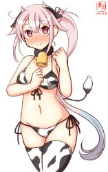 Rule 34 | 1girl, animal ears, animal print, artist logo, bell, bikini, blue hair, collarbone, commentary request, covered erect nipples, cow ears, cow horns, cow print, cow tail, cowbell, cowboy shot, dated, fake animal ears, fake horns, front-tie top, gradient hair, harusame (kancolle), horns, kanon (kurogane knights), kantai collection, long hair, looking at viewer, lowleg, lowleg bikini, multicolored hair, one-hour drawing challenge, pink hair, red eyes, side-tie bikini bottom, side ponytail, simple background, solo, swimsuit, tail, thighhighs, white background, white bikini, white thighhighs
