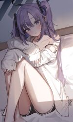 Rule 34 | 1girl, absurdres, ass, bed, black shorts, blue archive, blush, collarbone, halo, highres, long hair, looking at viewer, mechanical halo, parted lips, pillow, purple eyes, purple hair, seorang, shirt, shorts, sitting, sleeves past wrists, solo, two side up, white shirt, yuuka (blue archive)