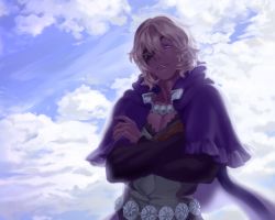 Rule 34 | 1boy, blue eyes, breasts, cape, cleavage, cloud, cloudy sky, crossed arms, dark-skinned male, dark skin, day, eyepatch, fire emblem, fire emblem fates, frik, gradient background, male focus, medium breasts, niles (fire emblem), nintendo, shaded face, sky, solo, white hair
