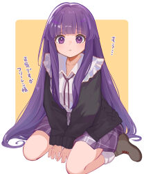 1girl :t blush brown_footwear closed_mouth commentary_request dot_nose fern_(sousou_no_frieren) highres long_hair long_sleeves looking_at_viewer neck_ribbon plaid_clothes plaid_skirt purple_eyes purple_hair purple_ribbon ribbon ricia39 sitting skirt socks solo sousou_no_frieren very_long_hair wariza white_socks