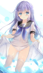 Rule 34 | 1girl, bad id, bad pixiv id, black sailor collar, blue eyes, blue hair, blue neckerchief, blush, closed mouth, clothes lift, collarbone, commentary request, covered navel, dress, dress lift, gluteal fold, gochuumon wa usagi desu ka?, groin, hair between eyes, hair ornament, highres, kafuu chino, lifting own clothes, long hair, looking at viewer, natuna natu, neckerchief, no panties, puffy short sleeves, puffy sleeves, sailor collar, sailor dress, see-through, short sleeves, smile, solo, standing, thighhighs, very long hair, white dress, white thighhighs, x hair ornament