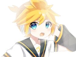 Rule 34 | 1boy, :o, akikan sabago, arm warmers, bass clef, black collar, black sleeves, blonde hair, bloom, blue eyes, collar, commentary, hand on headphones, hand up, kagamine len, looking at viewer, male focus, open mouth, portrait, sailor collar, shirt, short ponytail, short sleeves, solo, spiked hair, vocaloid, white background, white shirt