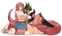 Rule 34 | 2girls, animal ears, animal hands, anubis (monster girl encyclopedia), bad link, belt, black hair, book, crossed legs, crossover, full body, gold, green eyes, green hair, hair ornament, hairclip, jewelry, lamia, long hair, midriff, miia (monster musume), monster girl, monster girl encyclopedia, monster musume no iru nichijou, multiple girls, open mouth, pillow, pointy ears, profile, reading, red hair, rtil, scales, shirt, simple background, sitting, sitting on person, skirt, tail, tank top, white background, white shirt, white tank top, yellow eyes