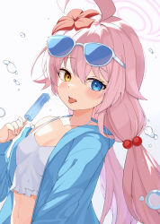 Rule 34 | 1girl, absurdres, ahoge, blue archive, blue jacket, blush, breasts, eyewear on head, feza chen (ushaku), food, highres, holding, holding food, hoshino (blue archive), hoshino (swimsuit) (blue archive), jacket, looking at viewer, navel, official alternate costume, open clothes, open jacket, pink hair, popsicle, revision, simple background, small breasts, solo, sunglasses, tongue, tongue out, upper body, water drop, white background, yellow eyes