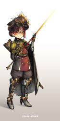 Rule 34 | 1girl, aiguillette, armored boots, artist name, belt, boots, cape, choker, epaulettes, forehead jewel, fringe trim, full body, gauntlets, gold trim, gradient background, hair ornament, hairclip, hat, highres, holding, holding sword, holding weapon, horns, looking at viewer, medal, military, military uniform, original, peaked cap, red hair, sheath, solo, sword, uniform, unsheathed, weapon, yellow eyes, zenmaibook