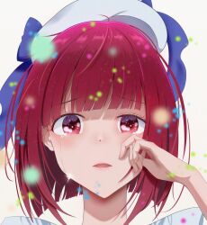 Rule 34 | 1girl, arima kana, beret, blue bow, blunt bangs, blurry, blush, bob cut, bow, commentary, crying, crying with eyes open, dated commentary, depth of field, hat, hat bow, highres, inverted bob, looking at viewer, medium hair, no pupils, open mouth, oshi no ko, portrait, red eyes, red hair, shadow, simple background, solo, streaming tears, tears, white background, white hat, wiping tears, xvvstring