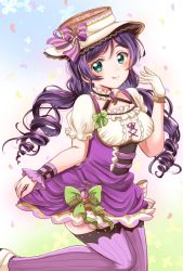 Rule 34 | 1girl, aqua eyes, blush, bow, center frills, commentary request, curly hair, dress, eneco, frilled sleeves, frills, gloves, green bow, hat, hat ribbon, highres, long hair, looking at viewer, love live!, love live! school idol festival, love live! school idol project, petals, pinafore dress, purple dress, purple hair, purple ribbon, purple thighhighs, ribbon, shirt, short sleeves, single glove, single wrist cuff, skirt hold, sleeveless, sleeveless dress, smile, solo, striped bow, striped clothes, striped ribbon, striped thighhighs, thighhighs, tojo nozomi, twintails, vertical-striped clothes, vertical-striped thighhighs, white gloves, white shirt, wrist cuffs