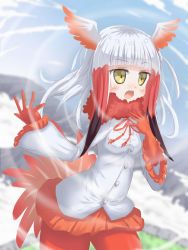 Rule 34 | 10s, 1girl, blunt bangs, crested ibis, feather-trimmed sleeves, gloves, head wings, highres, japanese crested ibis (kemono friends), kazuneko (wktk1024), kemono friends, long hair, long sleeves, multicolored hair, open mouth, pleated skirt, red gloves, red legwear, red skirt, skirt, solo, white hair, wings, yellow eyes