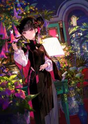 Rule 34 | 1girl, black dress, black hair, blue flower, breasts, carpet, chair, clothes pin, desk, dress, flower, flower pot, fuzichoco, hair ornament, hair rings, hanging flower, hanging light, hanging plant, highres, indoors, lamp, lampshade, leaf, long sleeves, looking at viewer, mortar (bowl), open mouth, original, pestle, pillar, pink flower, plant, pleated dress, potted plant, purple flower, red carpet, short hair, small breasts, solo, standing, table, window, wooden floor