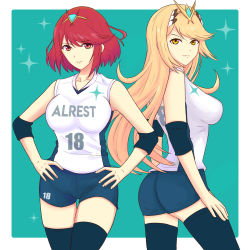 Rule 34 | 2girls, ass, blonde hair, border, breasts, cowboy shot, elbow pads, green background, hands on own hips, highres, jersey, looking at viewer, medium breasts, multiple girls, mythra (xenoblade), pyra (xenoblade), red eyes, red hair, short shorts, shorts, smile, sportswear, swept bangs, thigh gap, thighhighs, truejekart, white border, xenoblade chronicles (series), xenoblade chronicles 2, yellow eyes