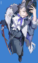 Rule 34 | 1boy, absurdres, arknights, artist name, ascot, black footwear, black headwear, blue background, blue coat, bow, bowtie, cane, chinese commentary, coat, facial hair, gohanduck, harold (arknights), hat tip, highres, holding, holding cane, looking at viewer, male focus, medal, mustache, old, old man, one eye covered, shirt, smile, white ascot, white shirt