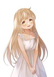 Rule 34 | 1girl, blonde hair, blush, dress, futaba anzu, hair down, highres, idolmaster, idolmaster cinderella girls, jewelry, long hair, looking at viewer, natu 28 natu, necklace, open mouth, own hands together, simple background, sleeveless, sleeveless dress, smile, solo, upper body, white background, white dress, yellow eyes