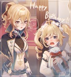 Rule 34 | !, !!, 2girls, absurdres, barbara (genshin impact), black bow, blonde hair, blue eyes, blush, bow, breasts, commentary, detached collar, detached sleeves, drill hair, genshin impact, gift, hair bow, high collar, highres, holding, holding gift, jean (genshin impact), jean (gunnhildr&#039;s legacy) (genshin impact), kino (m6t2a), long sleeves, medium breasts, multiple girls, official alternate costume, open mouth, ponytail, priestess, siblings, sisters, spoken exclamation mark, sweatdrop, twin drills, twintails, upper body