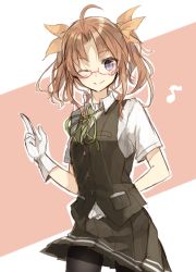 Rule 34 | 10s, 1girl, ;), bespectacled, brown hair, chibirisu, glasses, gloves, hair ribbon, kagerou (kancolle), kantai collection, long hair, musical note, one eye closed, purple eyes, quaver, ribbon, school uniform, short sleeves, skirt, smile, solo, twintails, white gloves